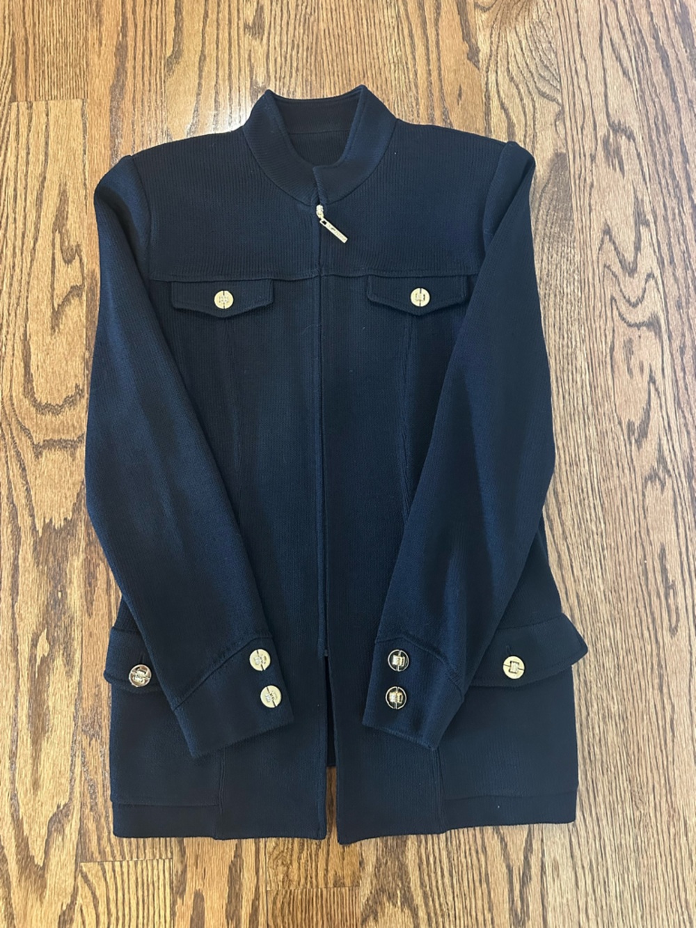 St. John Black Knit Zip-Front Jacket with Gold Buttons
